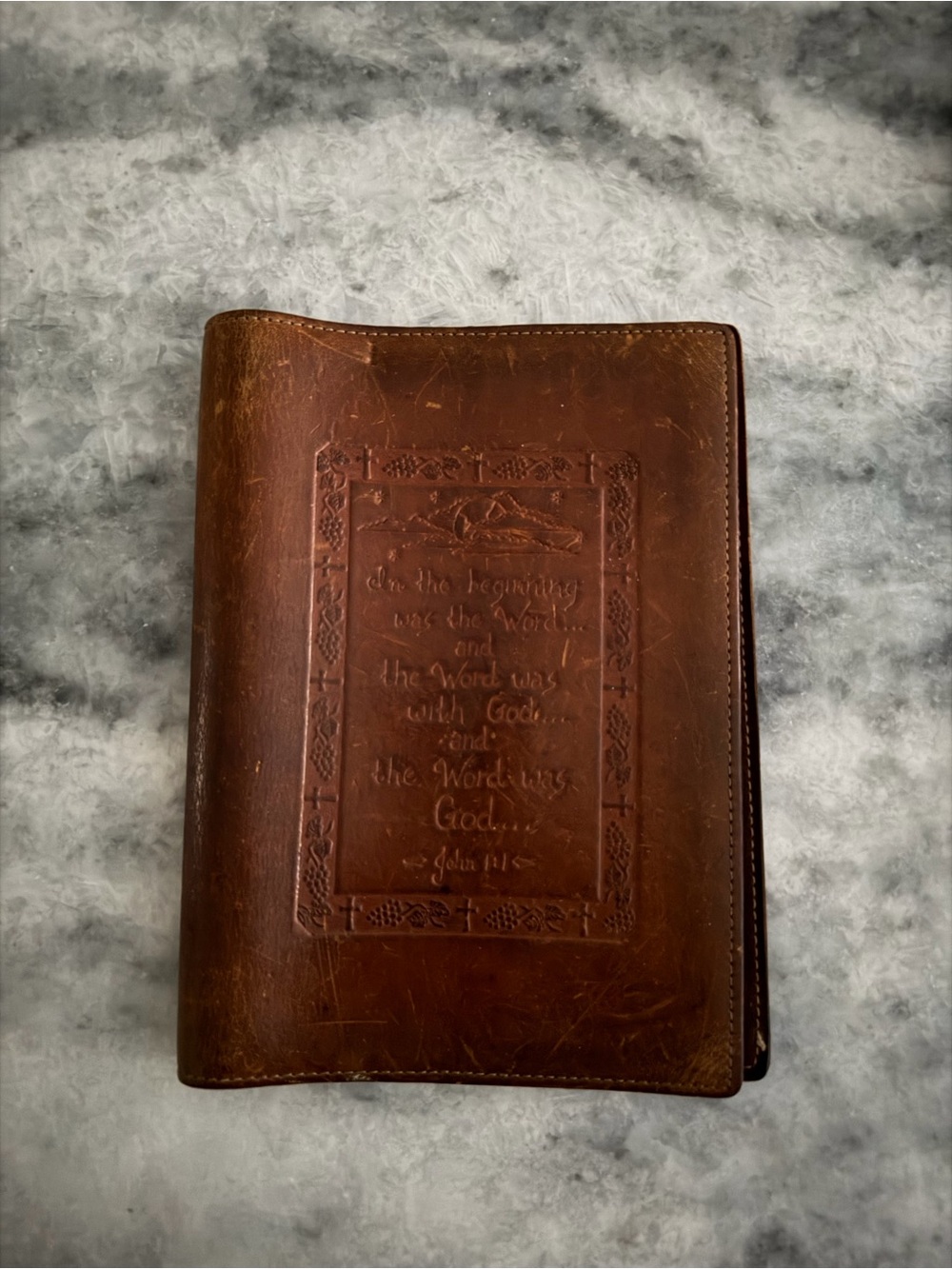 Classic Brown Leather Bible Cover with Embossed Verse